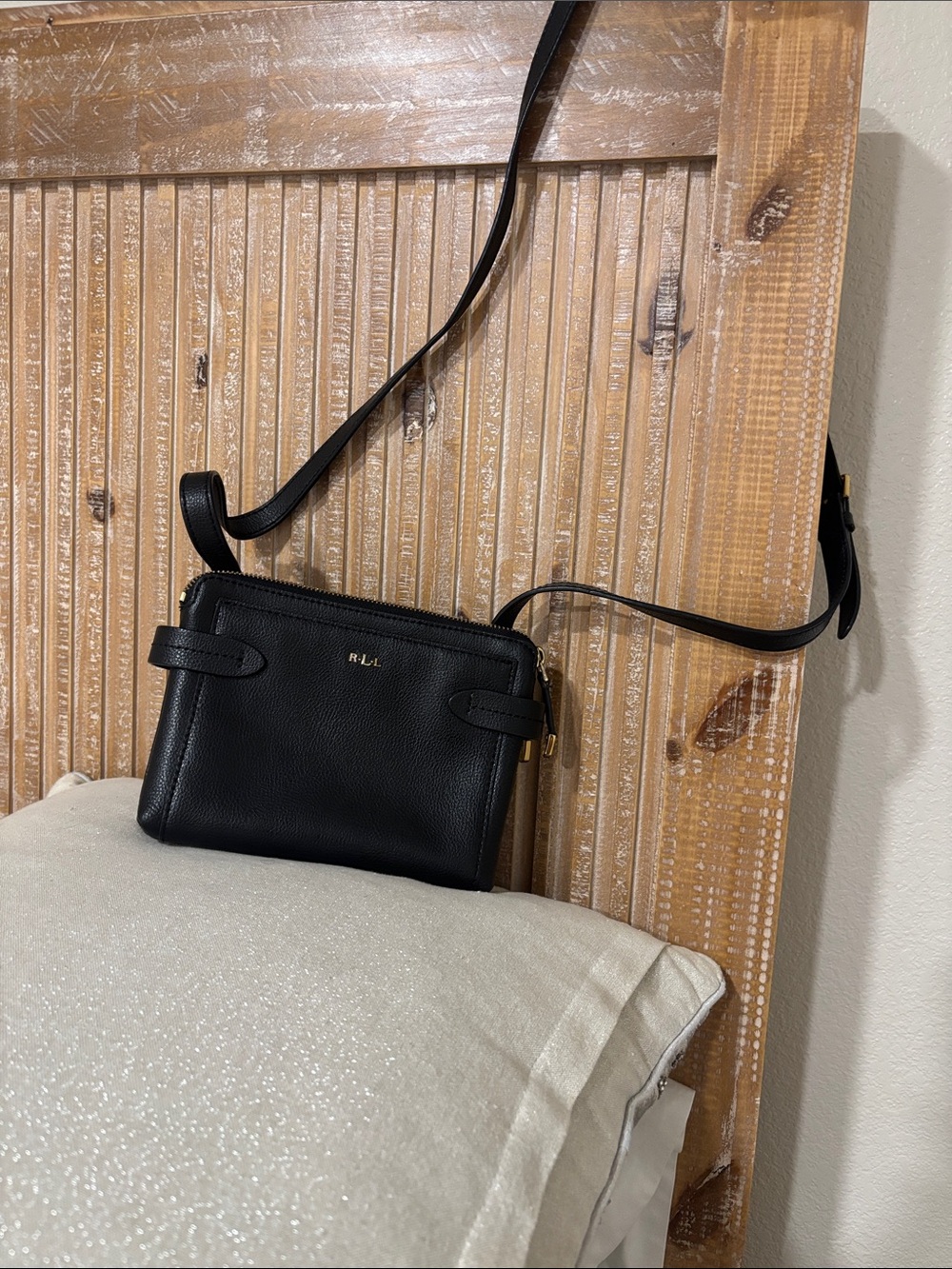 Black Leather Ralph Lauren Crossbody with Gold Monogram